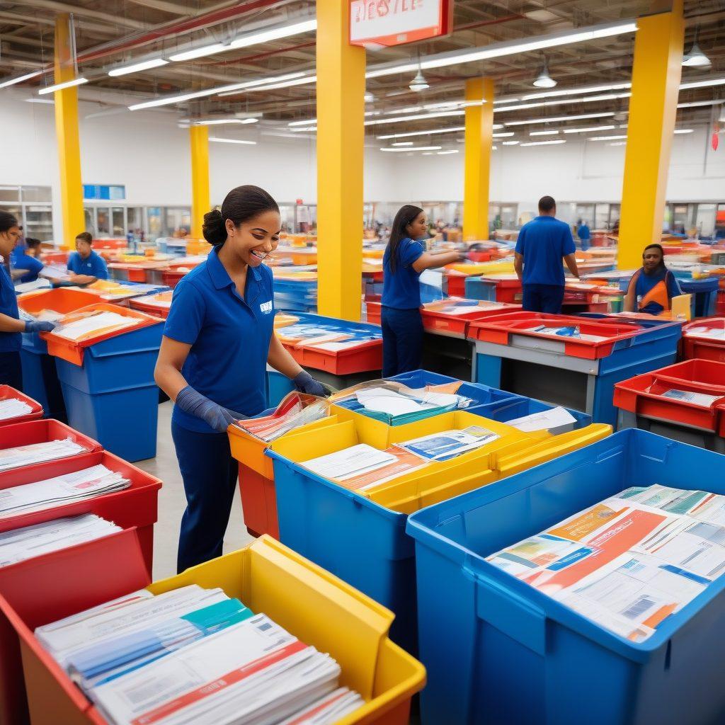 A diverse group of postal employees in uniforms, enthusiastically sorting mail, surrounded by vibrant postal equipment. In the background, a large map with various job openings highlighted, symbolizing opportunities in the postal system. The scene conveys a sense of community, teamwork, and growth. Bright, optimistic colors that inspire enthusiasm and a feeling of career fulfillment. super-realistic. vibrant colors.