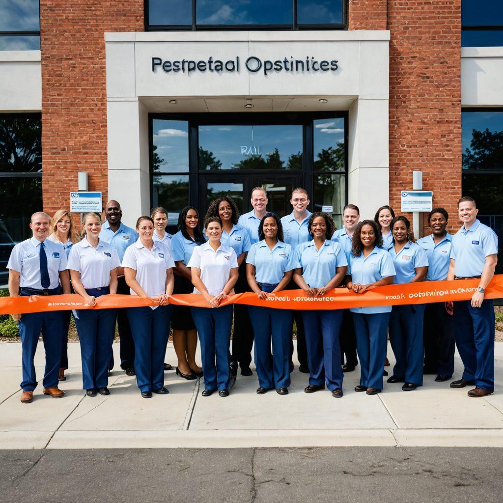 A diverse group of postal workers celebrating their success, standing proudly in front of a modern post office, with an inviting banner reading 'Unlocking Opportunities' overhead. Include various postal tools and letters scattered around to symbolize recruitment and employment. The setting should evoke a sense of teamwork and professionalism with bright, optimistic colors emphasizing opportunity. super-realistic. vibrant colors. white background.