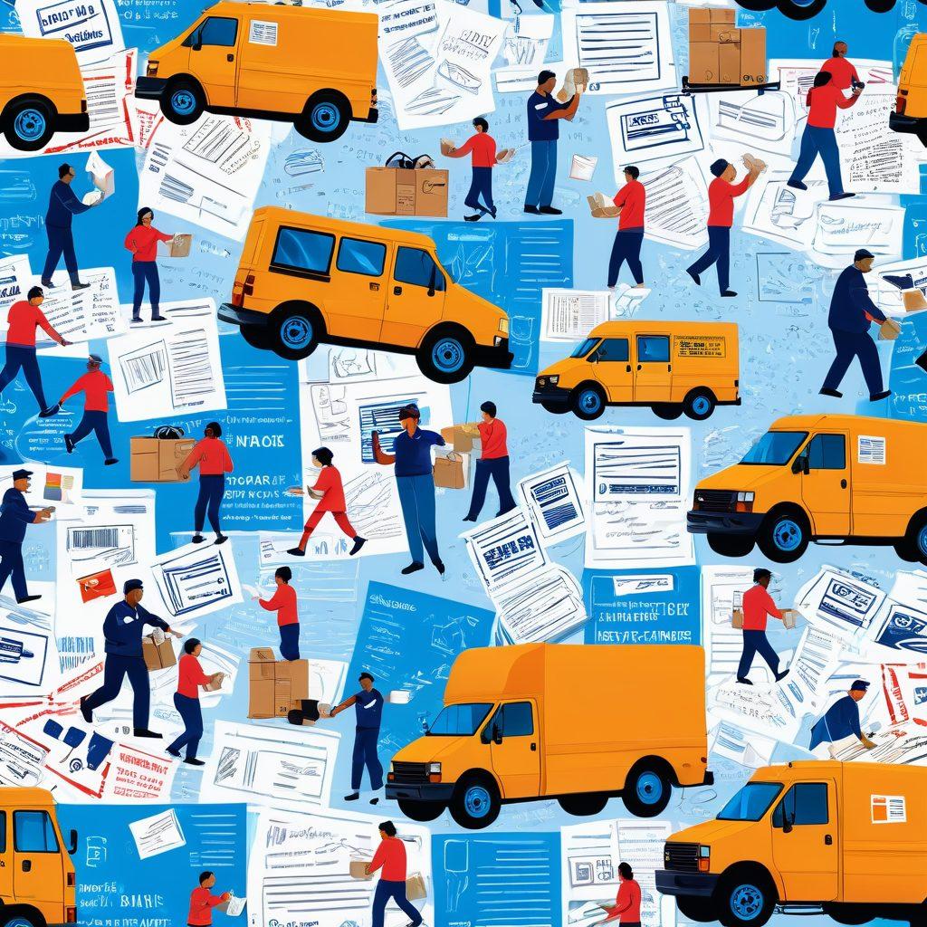 A vibrant collage depicting diverse postal workers in action, engaging with modern postal technology, and delivering packages. Showcase various career paths such as sorting, delivery, and customer service, with a backdrop of iconic postal service elements like mail trucks and post offices. Infuse the scene with a bright, hopeful atmosphere reflecting future opportunities. Include symbols of communication like letters and packages flying in the air. super-realistic. vibrant colors.